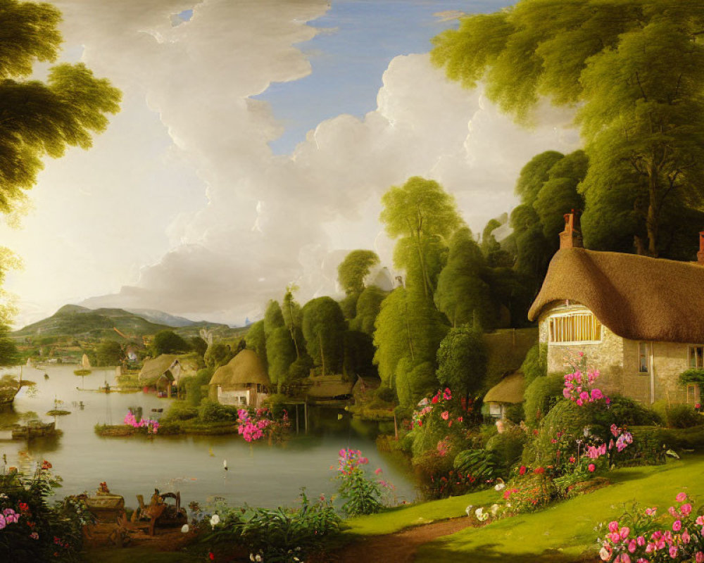 Tranquil landscape with thatched cottage, lush greenery, serene lake, and boats