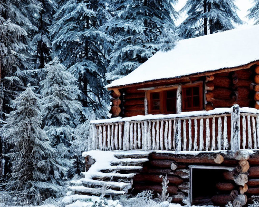 Snow-covered log cabin nestled among frosty pine trees in serene winter landscape