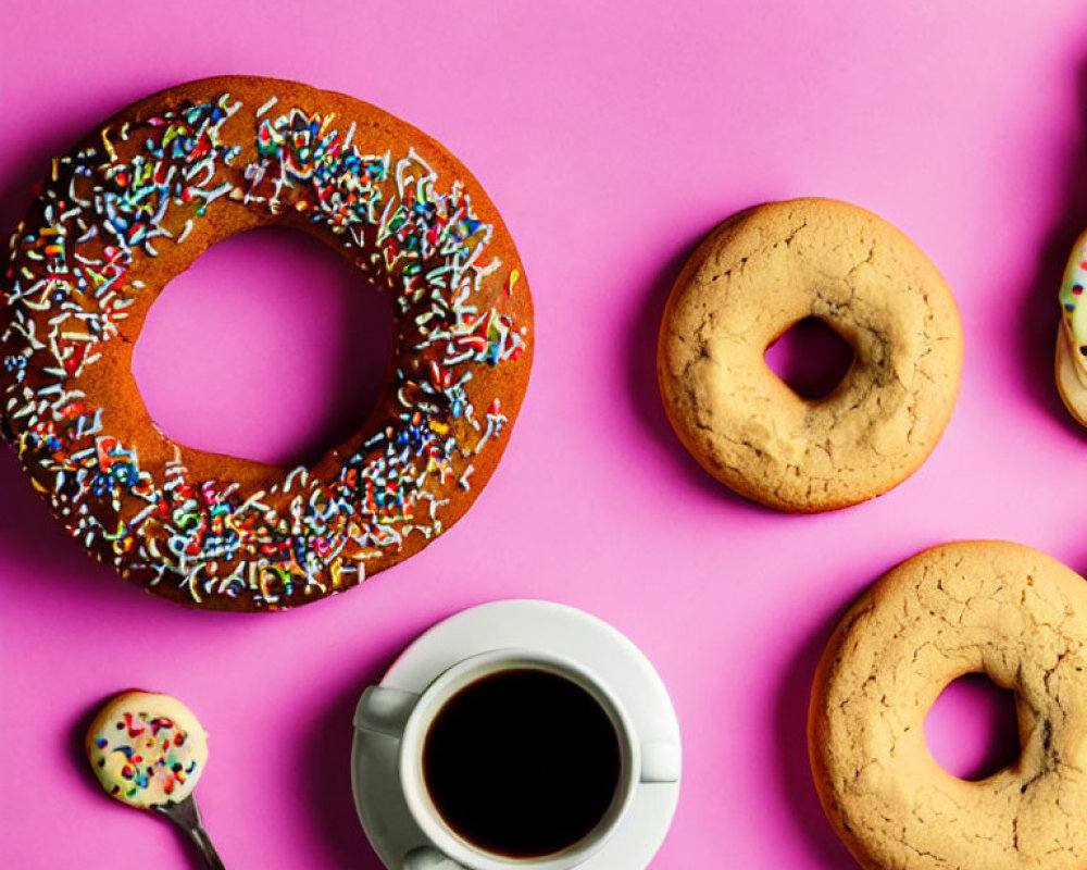 Assorted donuts with chocolate frosting, plain donuts, and coffee on pink background