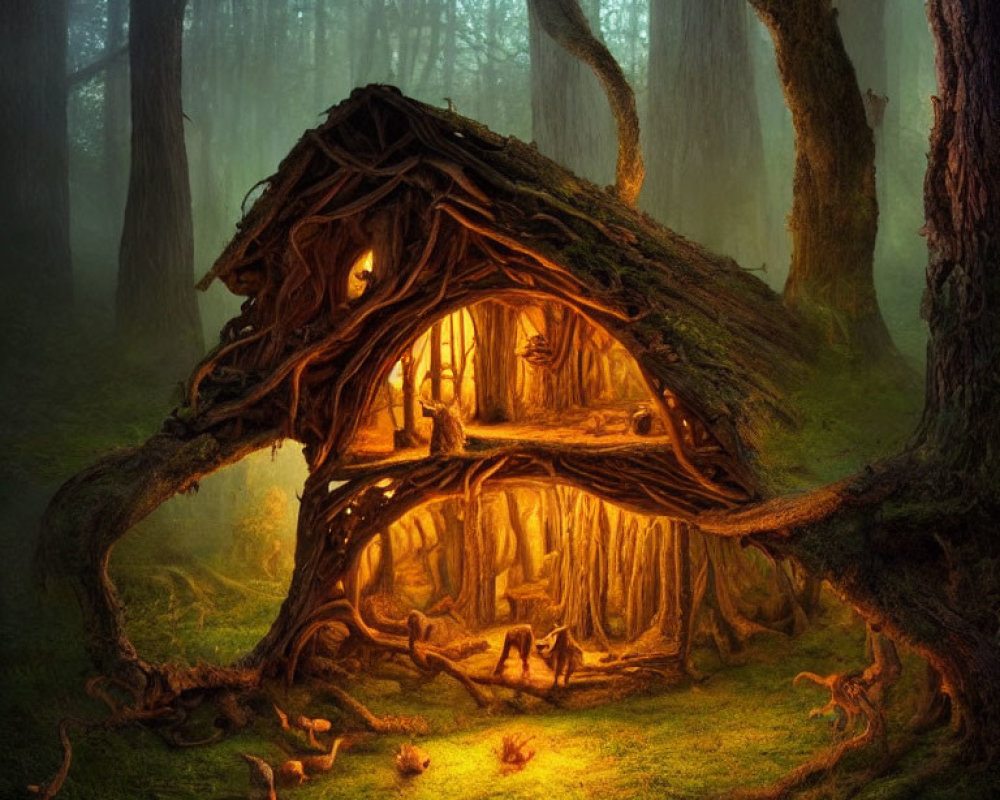 Enchanting illuminated tree hollow resembling fairy-tale cottage