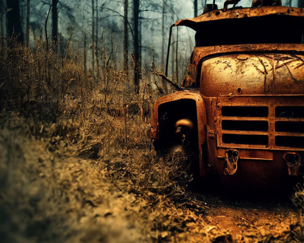 Abandoned rusted truck in foggy overgrown forest