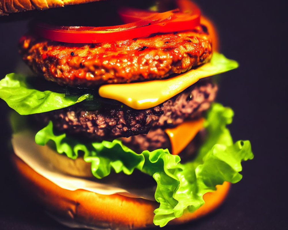 Double cheeseburger with lettuce, tomato, cheese, and beef patties on sesame bun