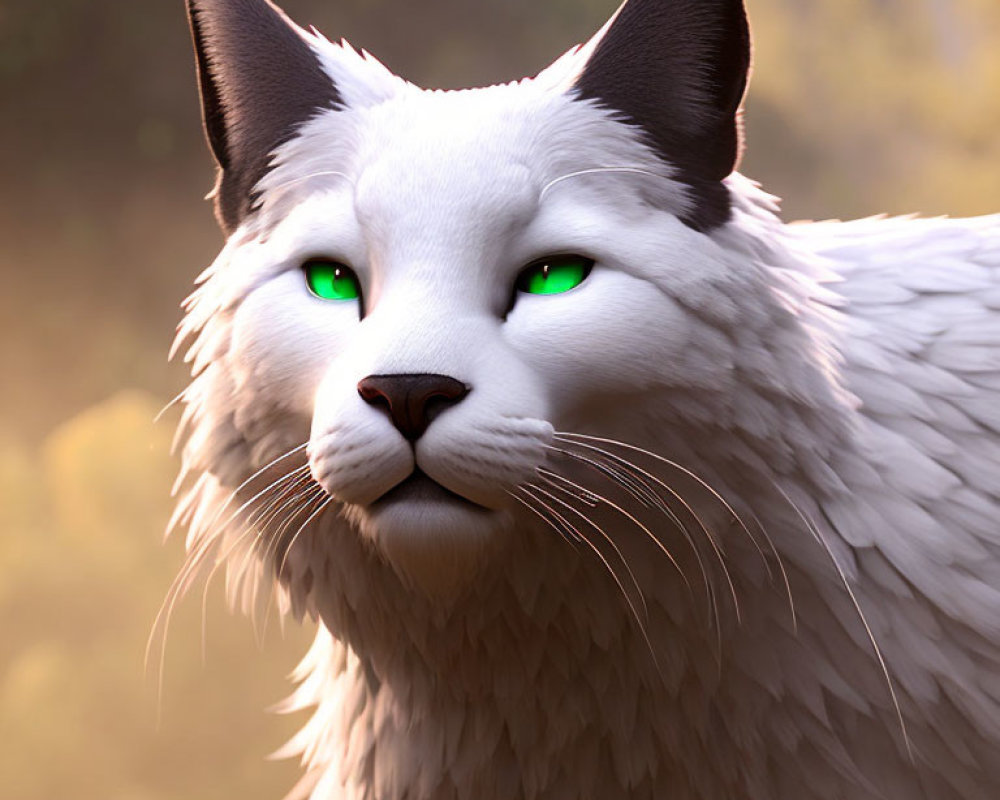 White animated cat with green eyes and whiskers on blurred background