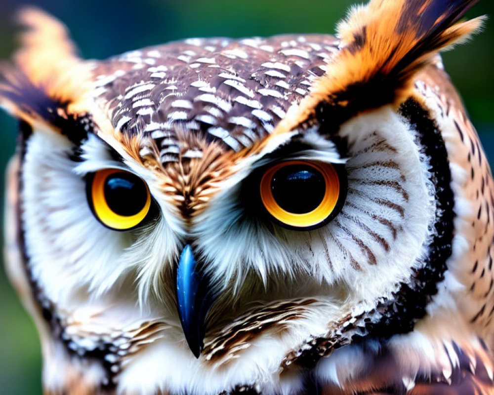 Striped owl with large yellow eyes and tufted ears in close-up view