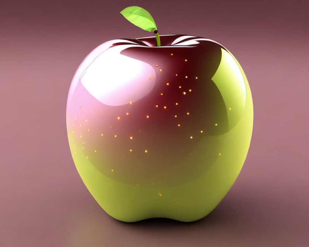 Shiny gradient apple on pink background with green leaf