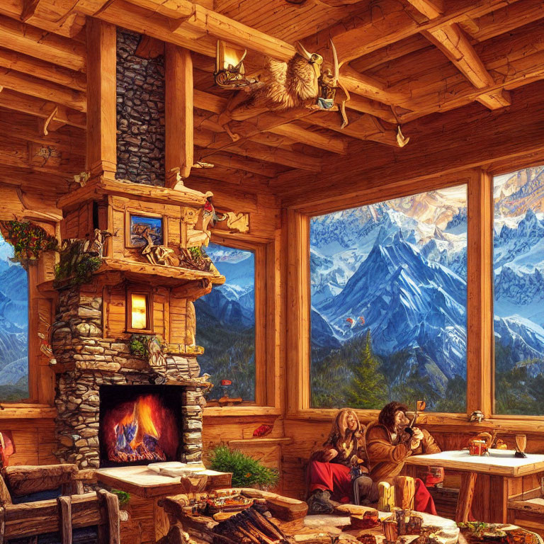 Rustic cabin interior with fireplace, couple admiring mountain view at sunset