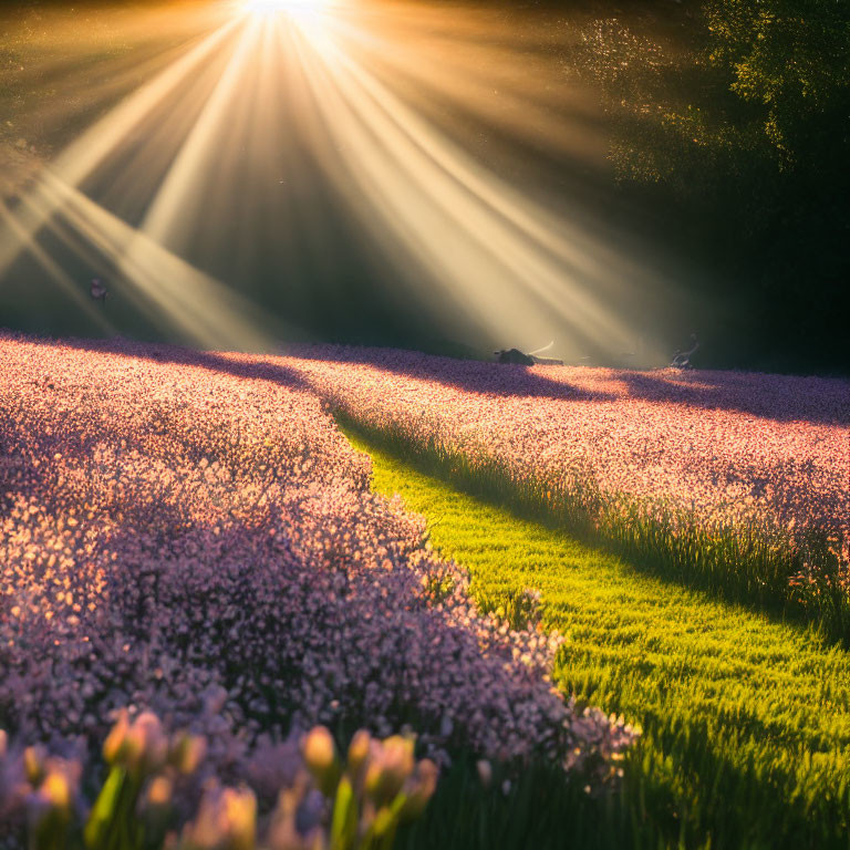 Sunbeams on Vibrant Purple Flowers in Natural Setting