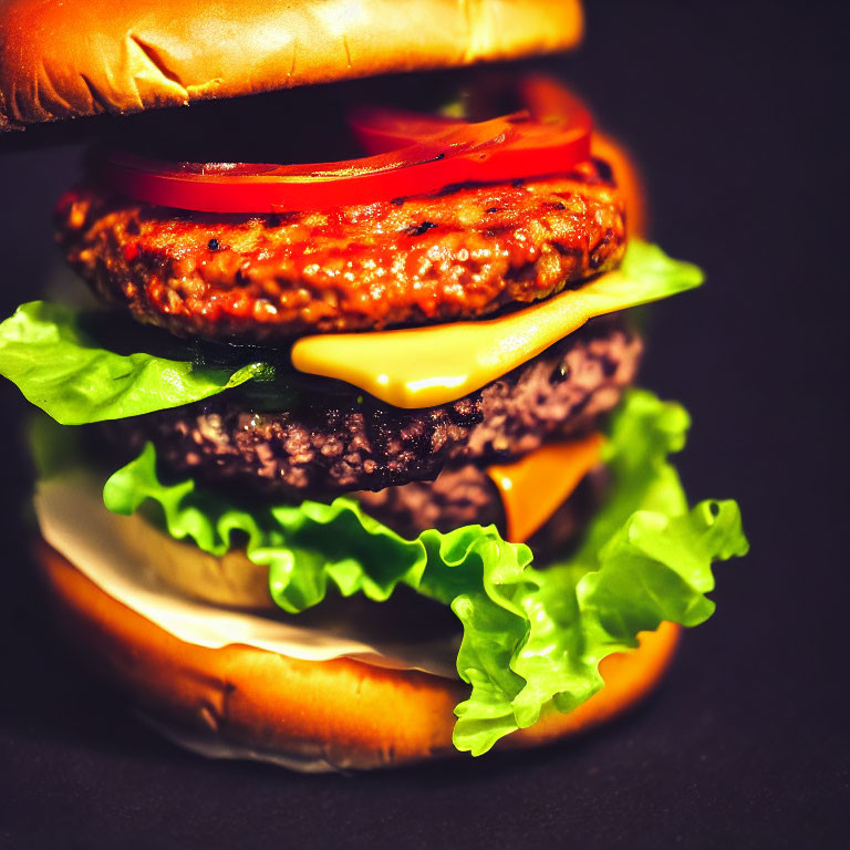 Double cheeseburger with lettuce, tomato, cheese, and beef patties on sesame bun