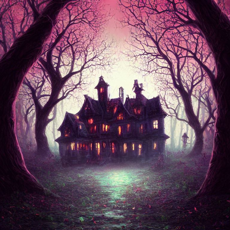 Gothic-style mansion in enchanted purple forest at twilight