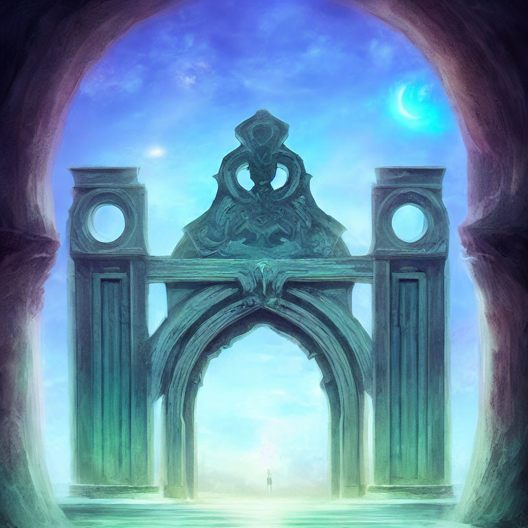 Ornate archway under mystic blue sky with figure - fantasy scene