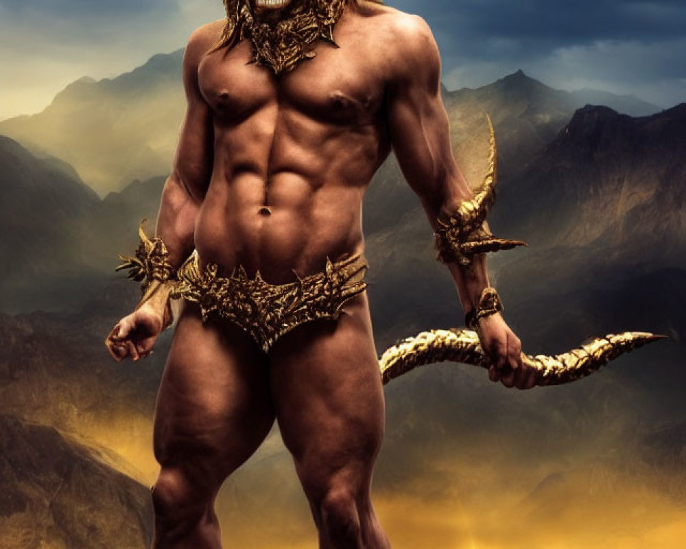 Fantasy creature in gold armor on mountain with weapon
