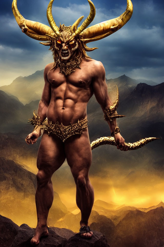 Fantasy creature in gold armor on mountain with weapon