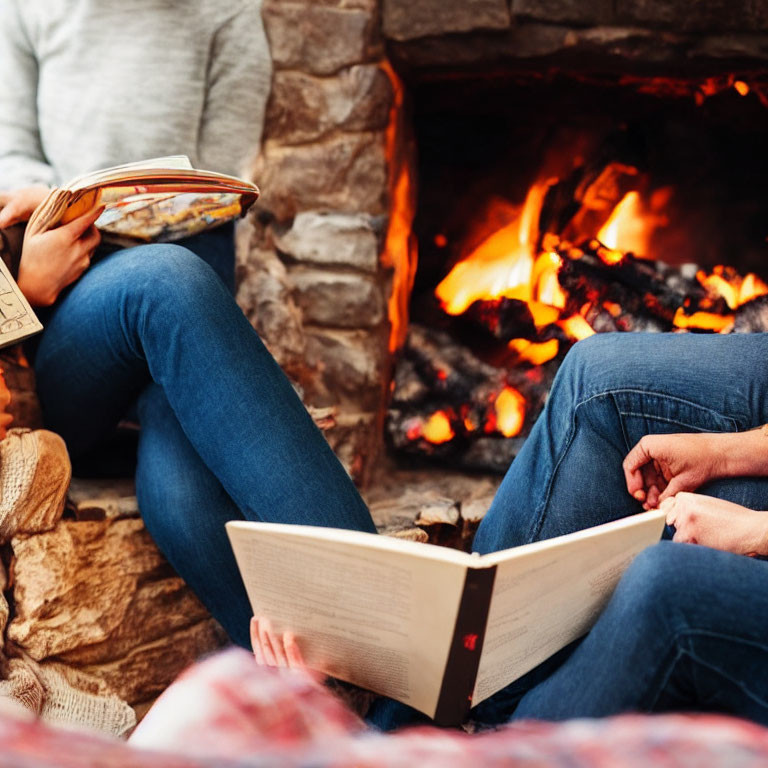 Cozy fireplace scene with two people reading books