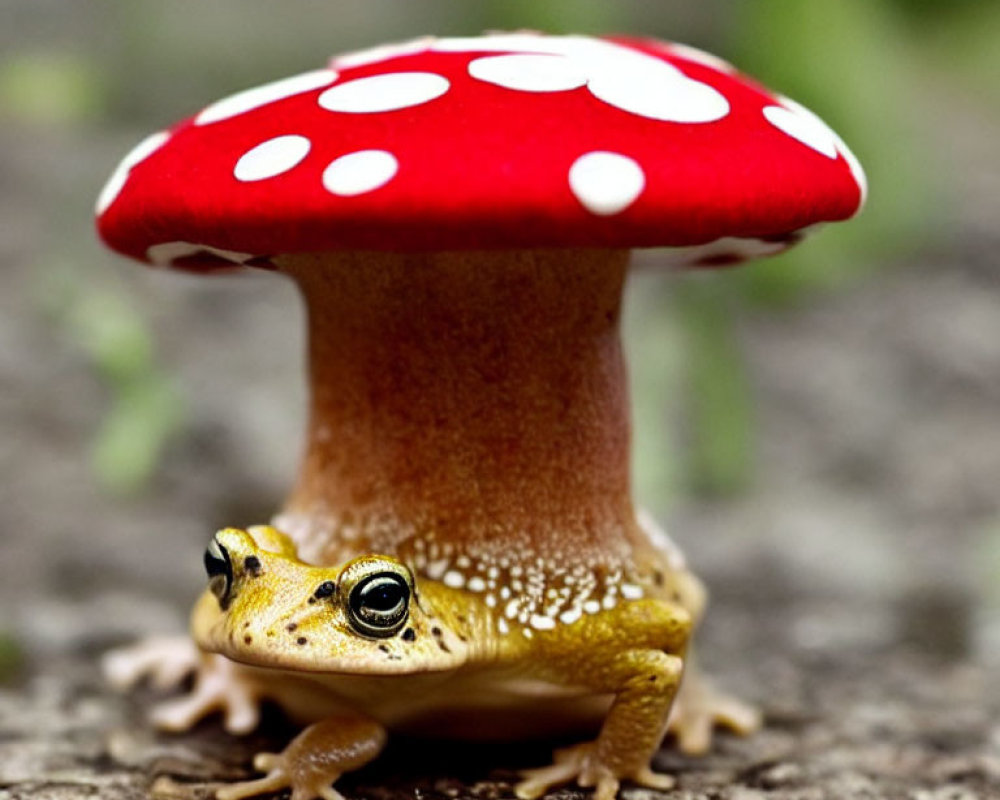 Red and White Spotted Mushroom Cap Frog in Fairy-Tale Setting