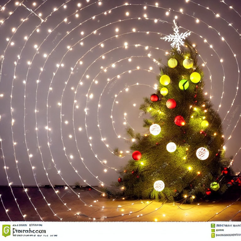 Colorful Ornaments and White Star on Dark Christmas Tree