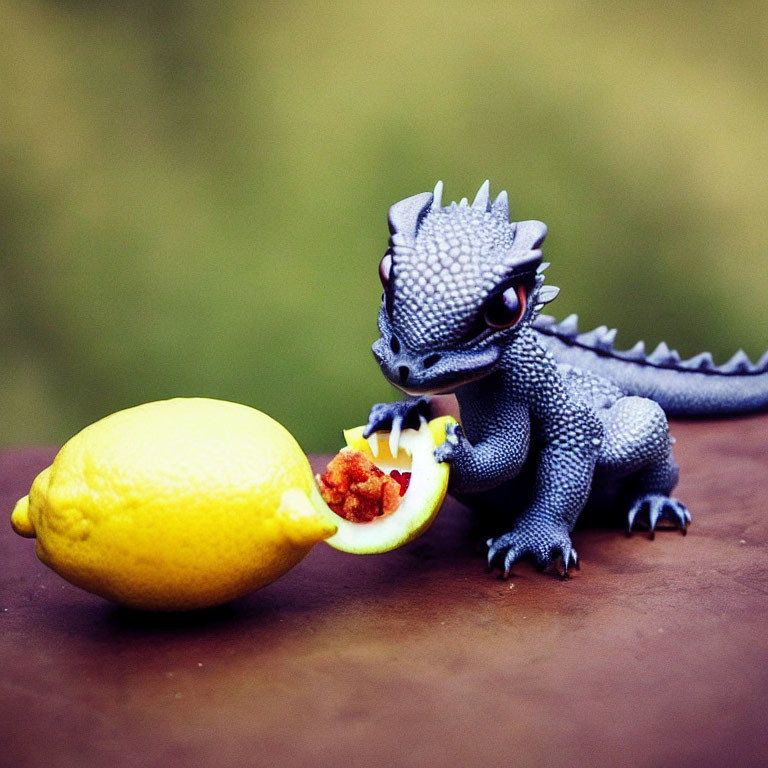 Playful Toy Dragon Eating Watermelon Slice and Lemon on Wooden Surface