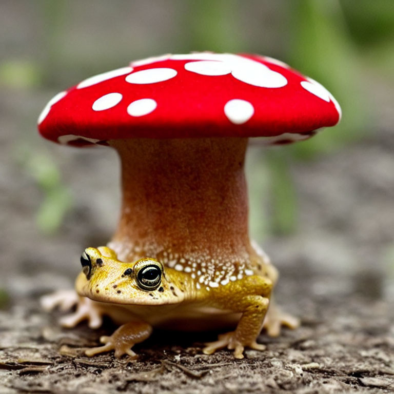 Red and White Spotted Mushroom Cap Frog in Fairy-Tale Setting