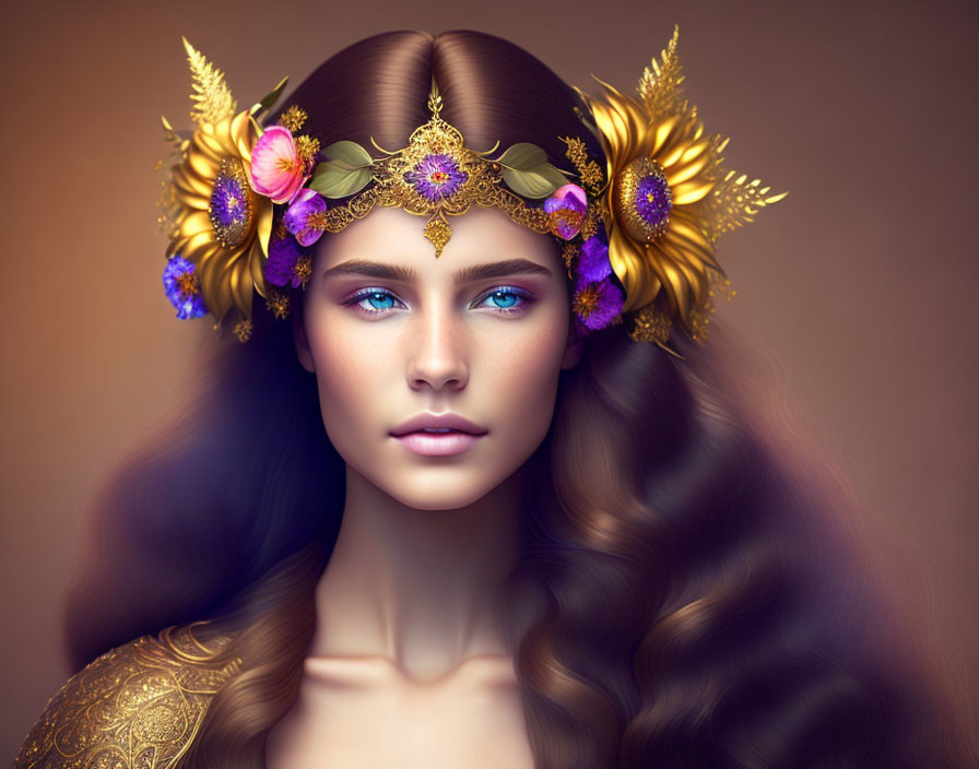 Woman with Golden Tiara and Blue Eyes in Fantasy Portrait