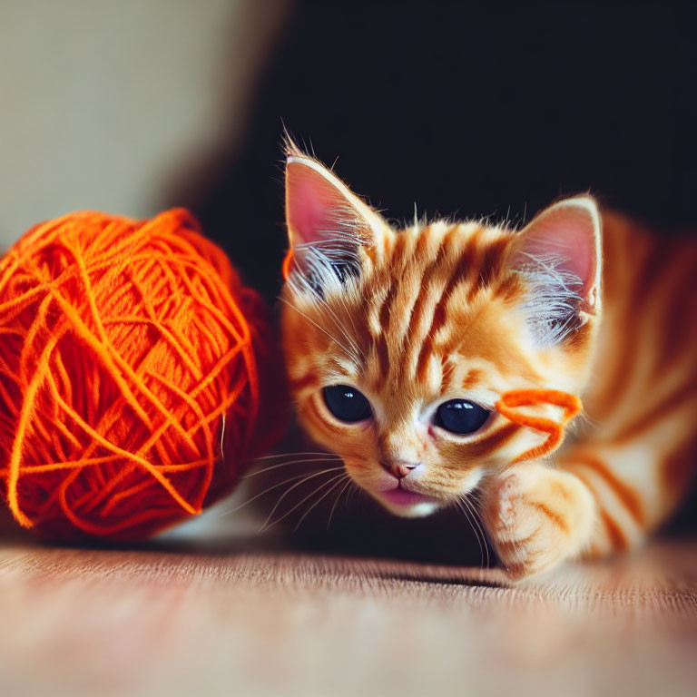 Orange Tabby Kitten Playing with Ball of Yarn in Focus