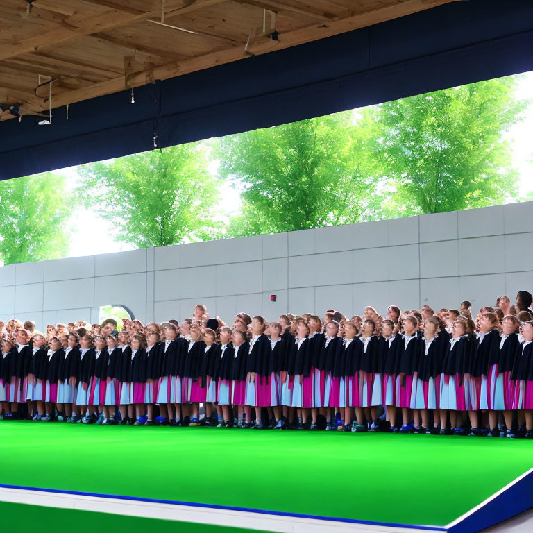 Girls Choir in Uniform with Colorful Skirts on Stage with Trees