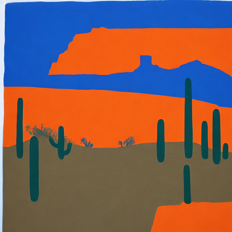 Vibrant desert landscape with blue sky, orange cliffs, green cactus, and brown ground