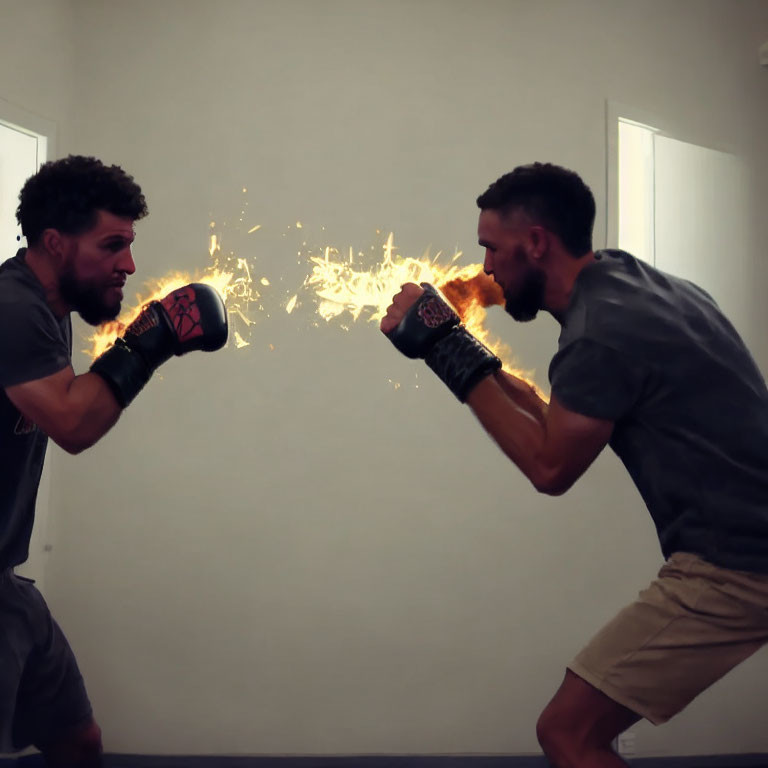 Men boxing with simulated spark effect in white room