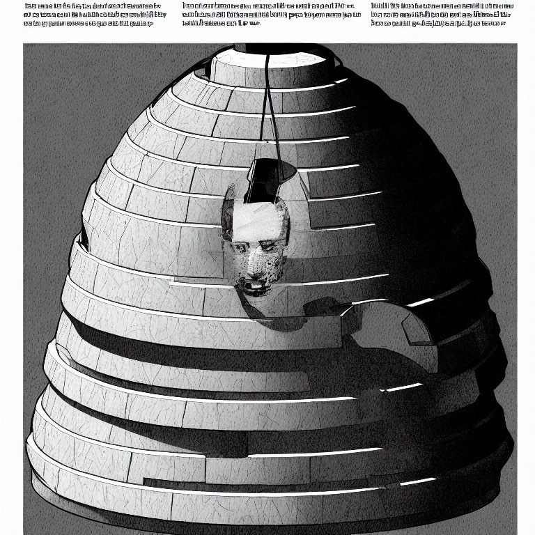 Surreal black and white image of human head merging with ribbed cone structure