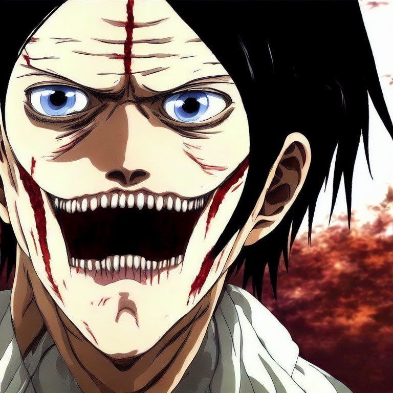 Character with Blue Eyes, Black Hair, Red Scars, and Grinning Smile