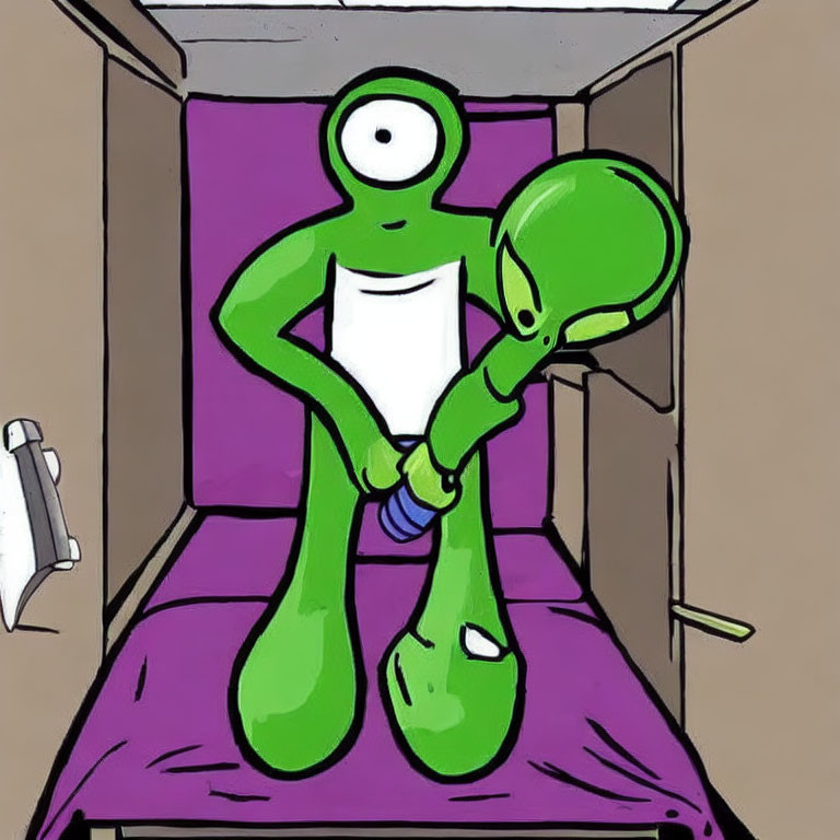 Green one-eyed alien cartoon character on purple bed holding smaller green figure