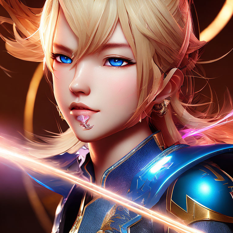 Fantasy character digital portrait with blue eyes, blonde hair, blue armor, pink sword