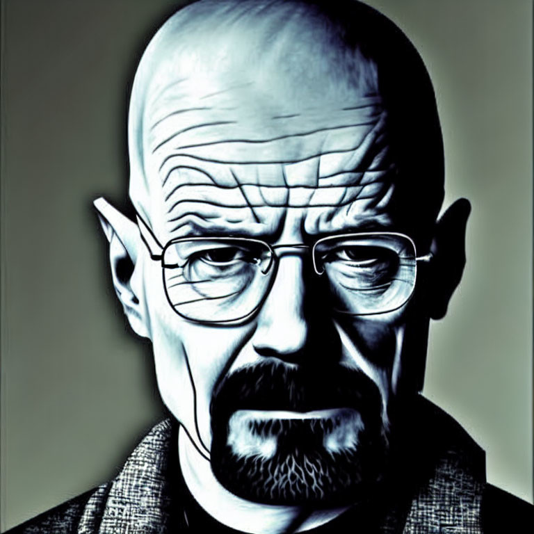 Stylized portrait of bald man with glasses and goatee in shirt and jacket