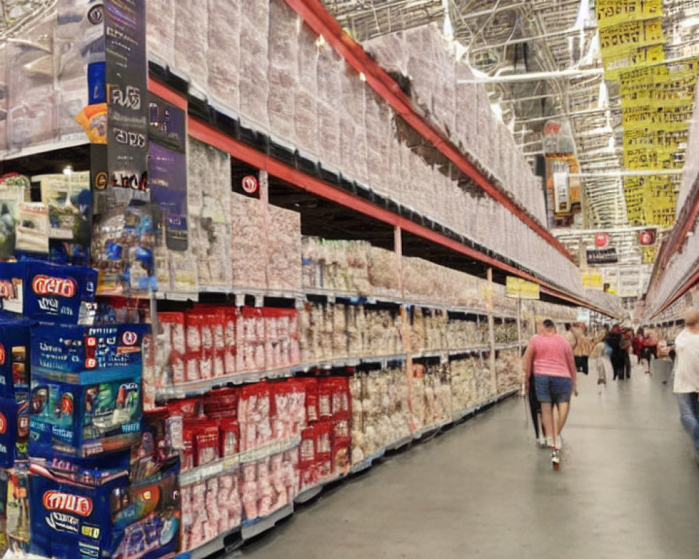 Warehouse Store with High Shelving and Shoppers browsing Aisles