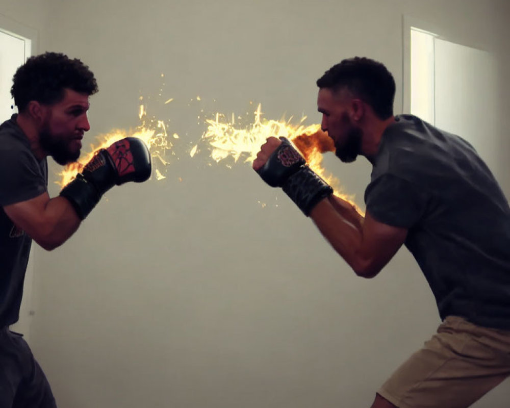 Men boxing with simulated spark effect in white room