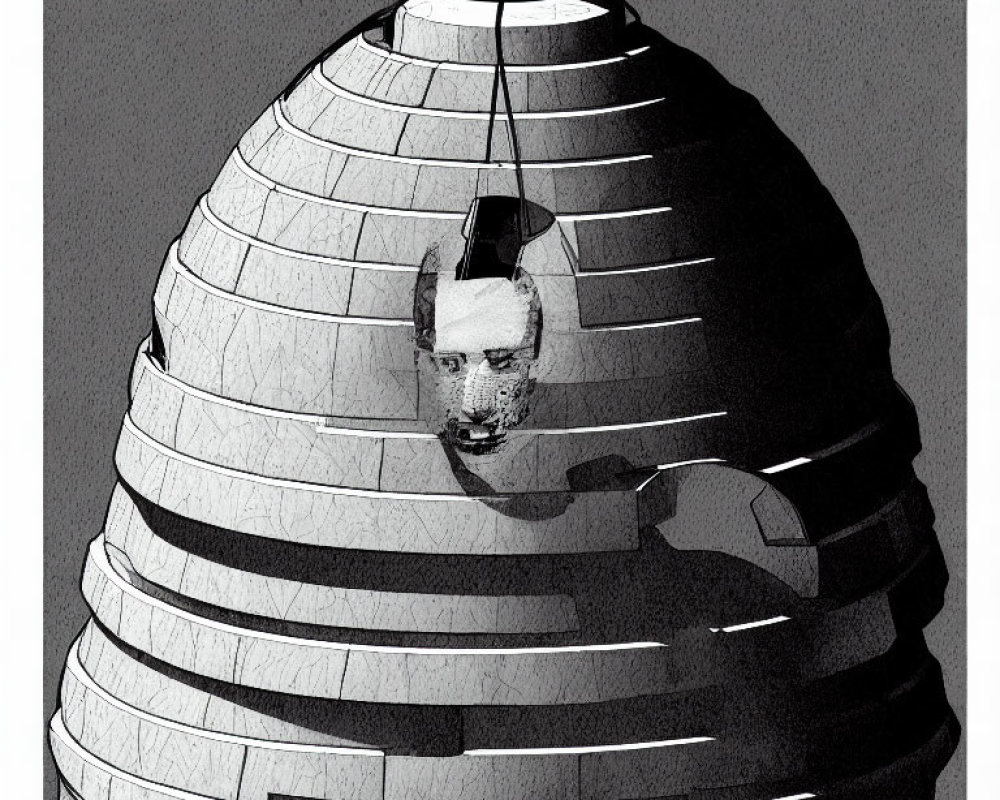 Surreal black and white image of human head merging with ribbed cone structure