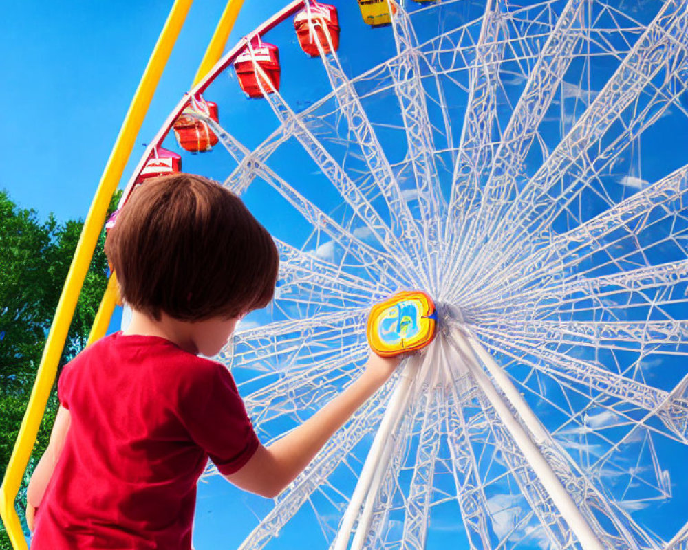 Child in red shirt with magnifying glass examines Ferris wheel under blue sky