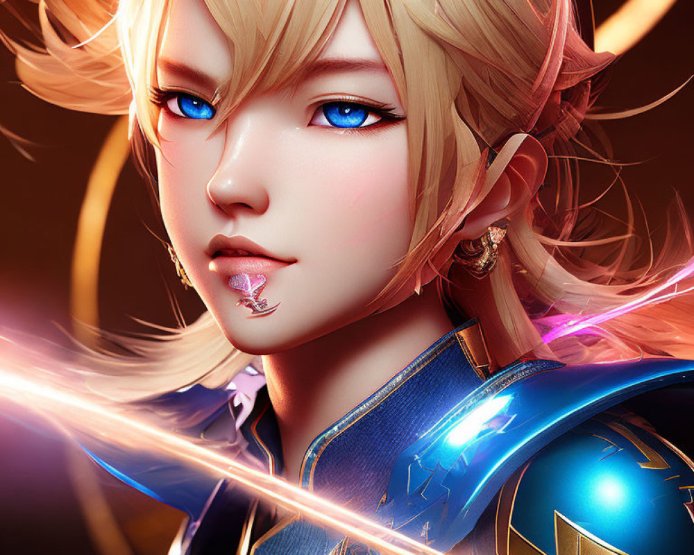 Fantasy character digital portrait with blue eyes, blonde hair, blue armor, pink sword