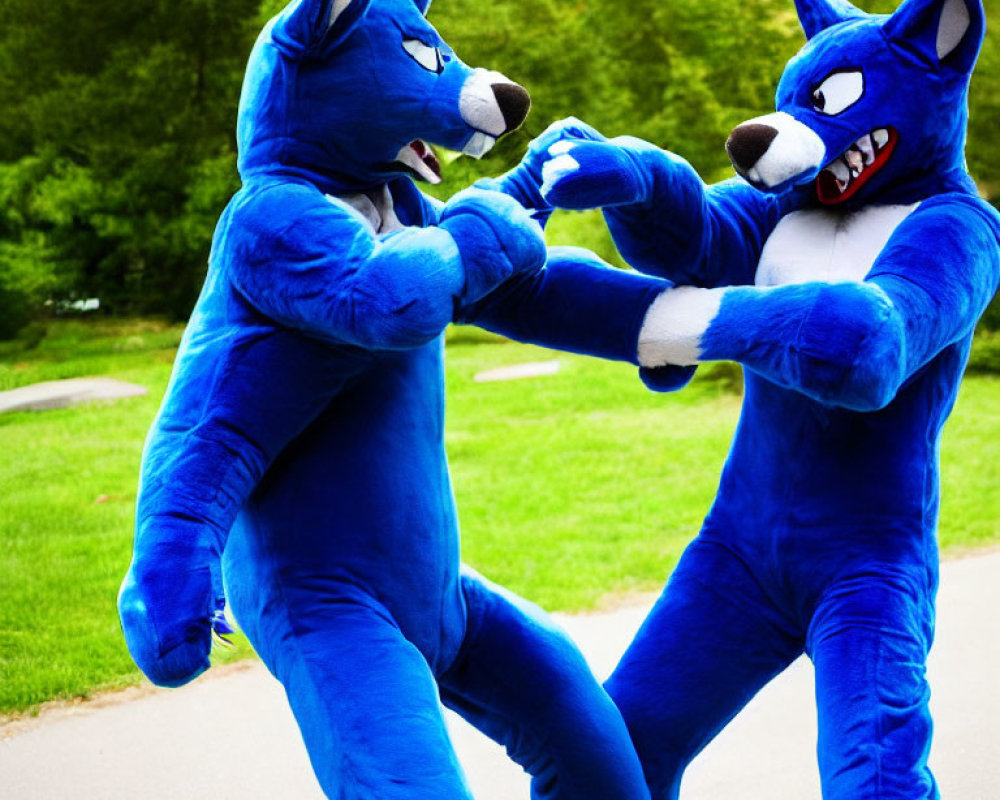 Blue wolf costume individuals engaging in playful interaction at grassy park