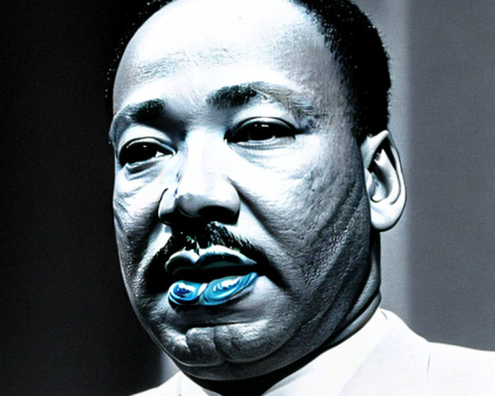 Stylized portrait of man with blue-tinted lips on grey background