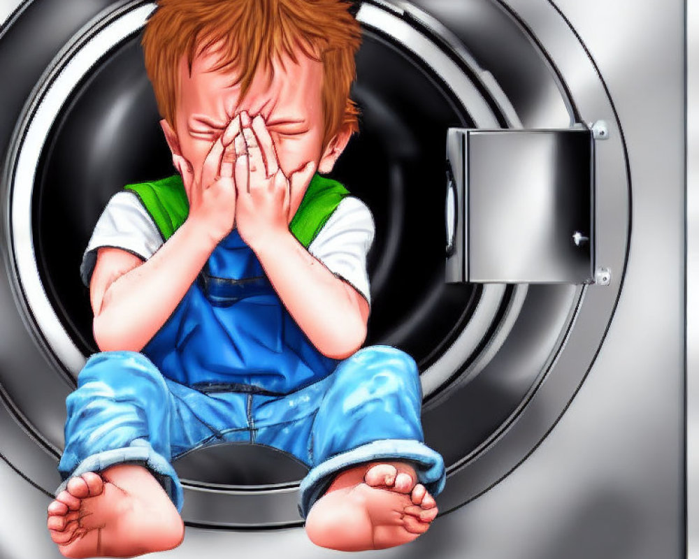 Illustration of a crying child in washing machine