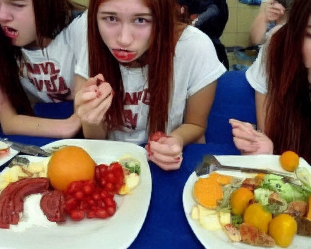 Three girls in a cafeteria with one looking disgusted, others holding food, showing dislike or confusion.