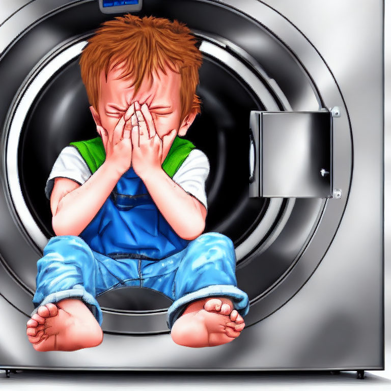 Illustration of a crying child in washing machine