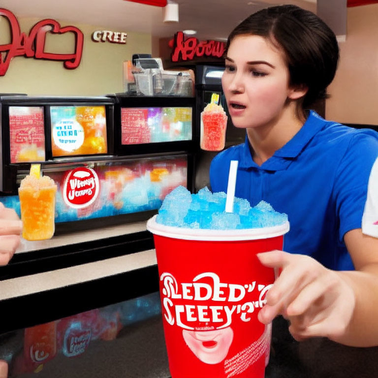 Woman in blue uniform serving large blue slushy drink at counter