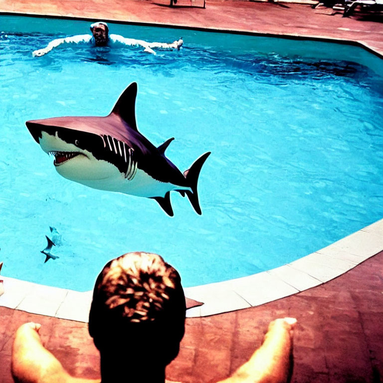 Swimmer in Pool with Large Shark Graphic illusion