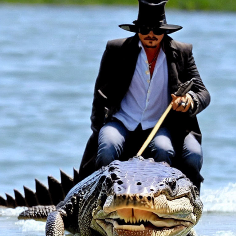 Person in Black Hat and Sunglasses Riding Alligator by Water