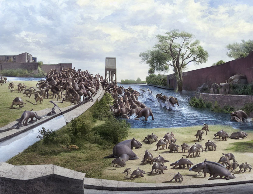 Numerous hippos in a waterway scene with pathways and playful activities