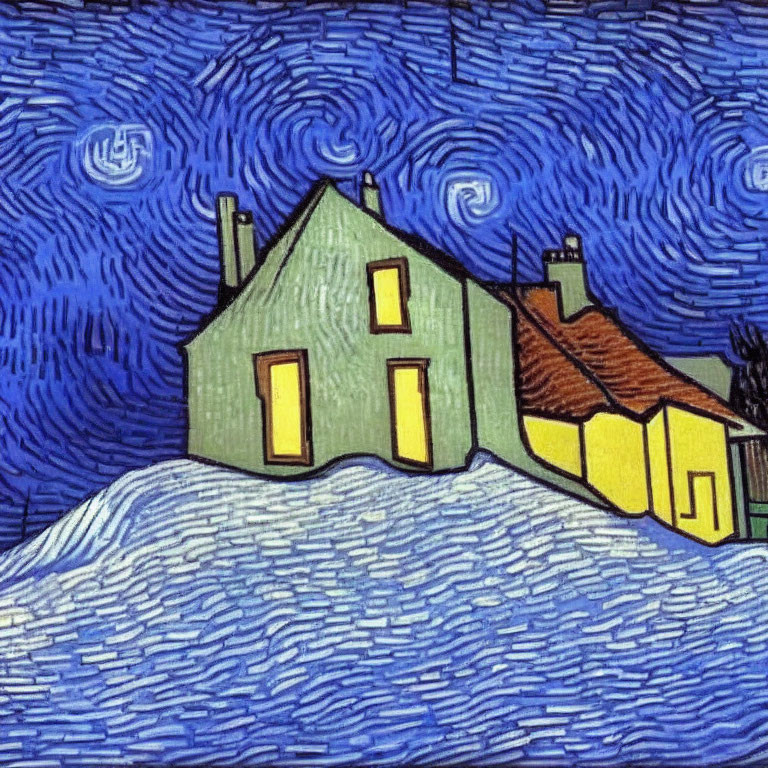 Starry night sky over houses with yellow-lit windows.