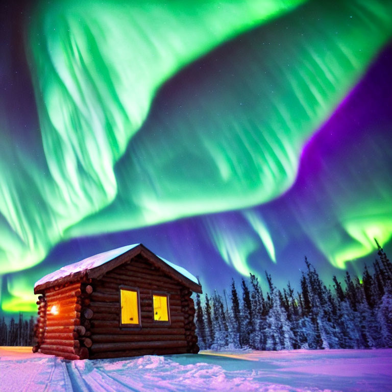 Cozy log cabin under vibrant aurora borealis in snowy forest landscape