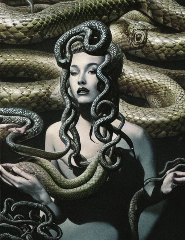 Stylized depiction of woman with serpentine hair and snakes, inspired by Medusa.
