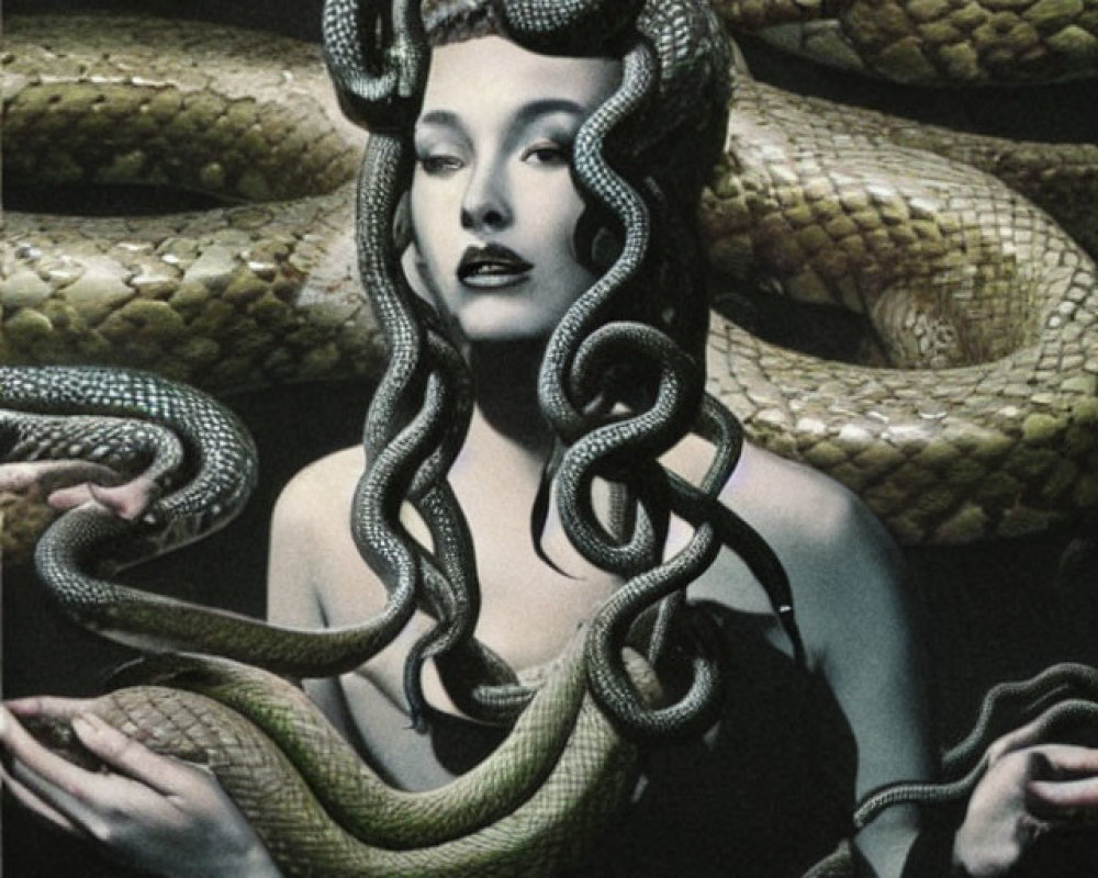 Stylized depiction of woman with serpentine hair and snakes, inspired by Medusa.