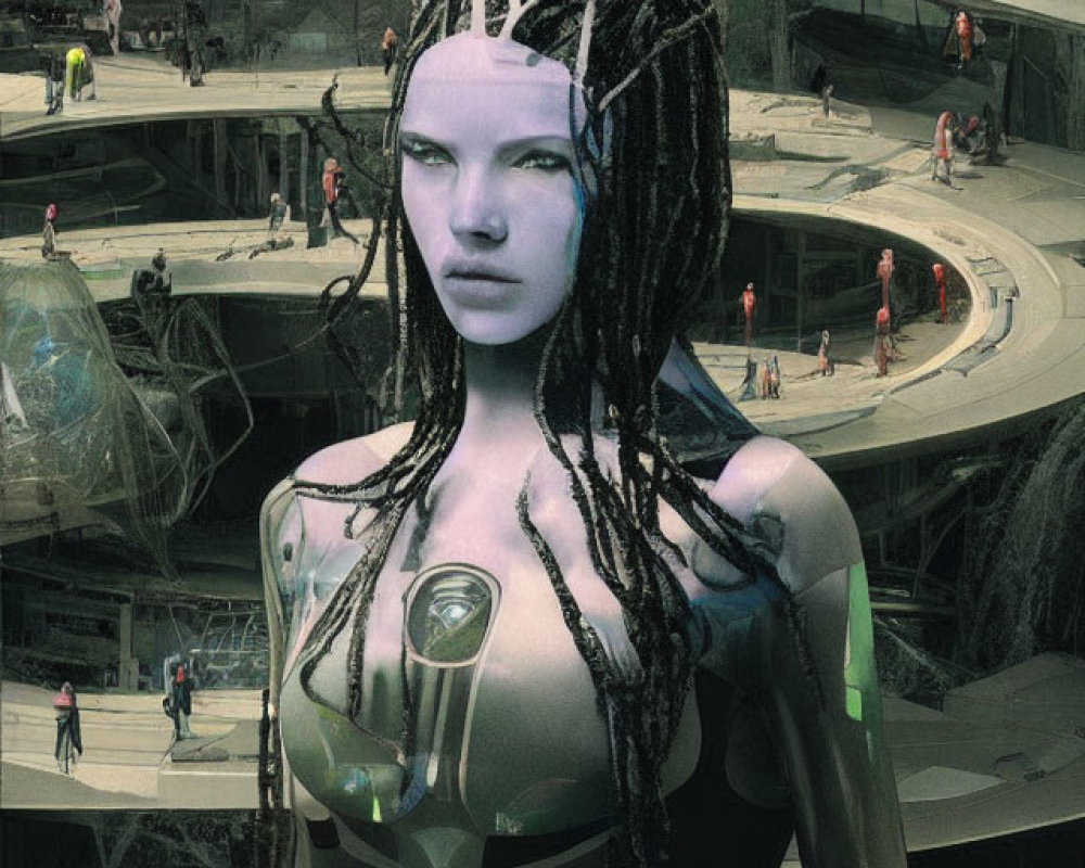 Futuristic humanoid robot with dreadlocks in busy sci-fi cityscape